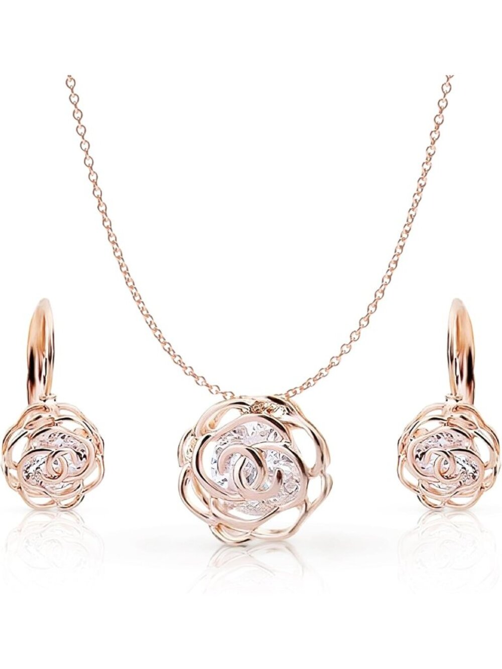 Elegant 18K Gold Plated White Crystal Floral Necklace & Earrings Set for